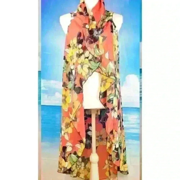 ORANGE FLORAL Beach Cover Sheer Open front Long Shawl LIGHTWEIGH Shrug One Size - Picture 4 of 14